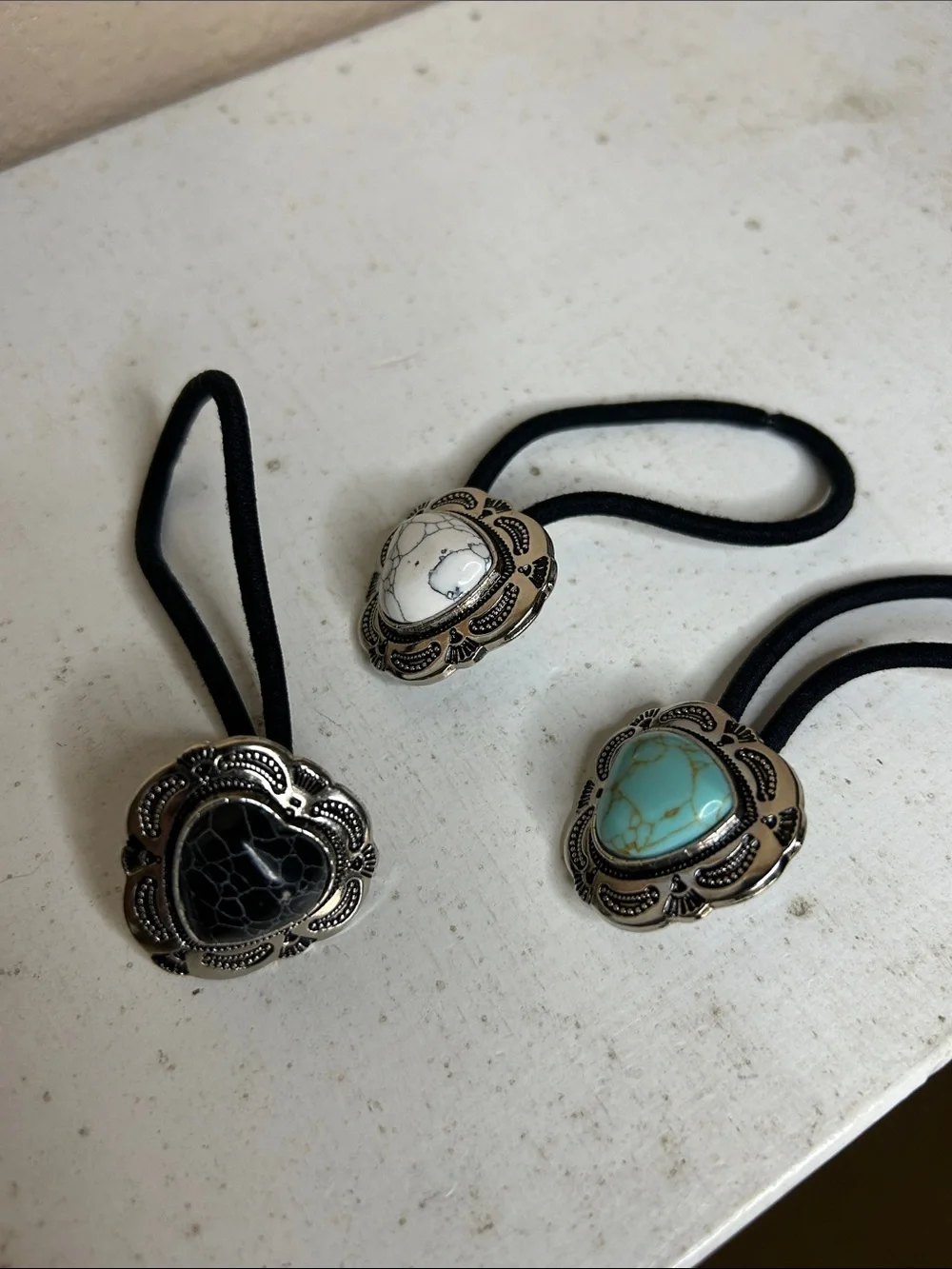 WESTERN Heart Stone Elastic Hair Tie Set - Turquoise, White & Black